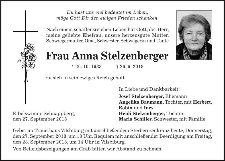 Traueranzeige Anna Stelzenberger