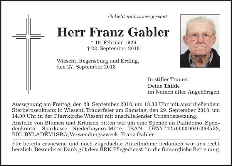 Traueranzeige Franz Gabler