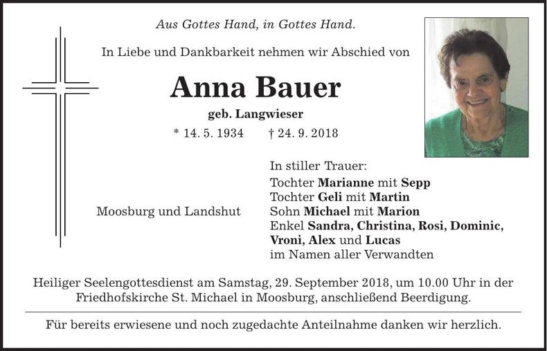 Traueranzeige Anna Bauer