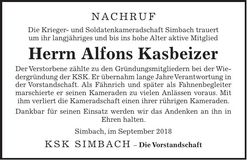 Traueranzeige Alfons Kasbeizer