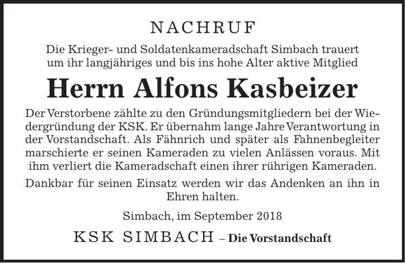 Traueranzeige Alfons Kasbeizer