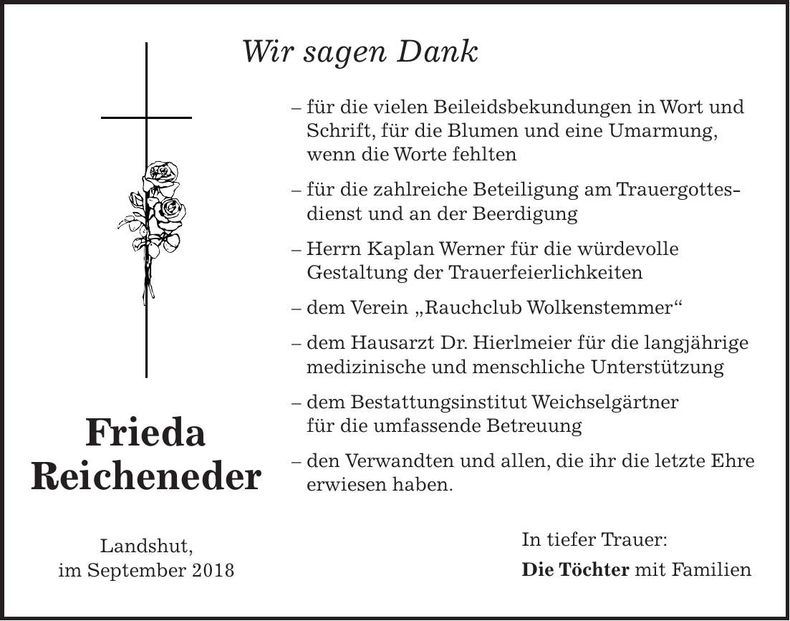 Traueranzeige Frieda Reicheneder