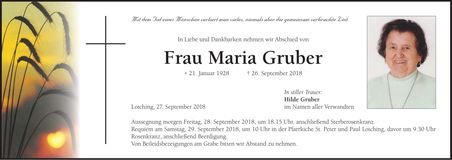 Traueranzeige Maria Gruber
