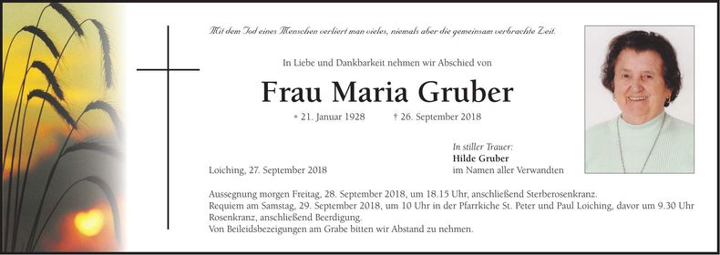 Traueranzeige Maria Gruber