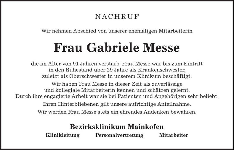 Traueranzeige Gabriele Messe