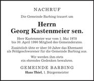 Traueranzeige Georg Kastenmeier
