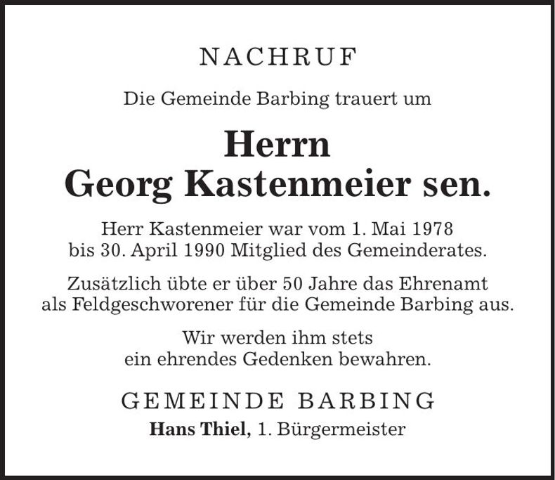 Traueranzeige Georg Kastenmeier