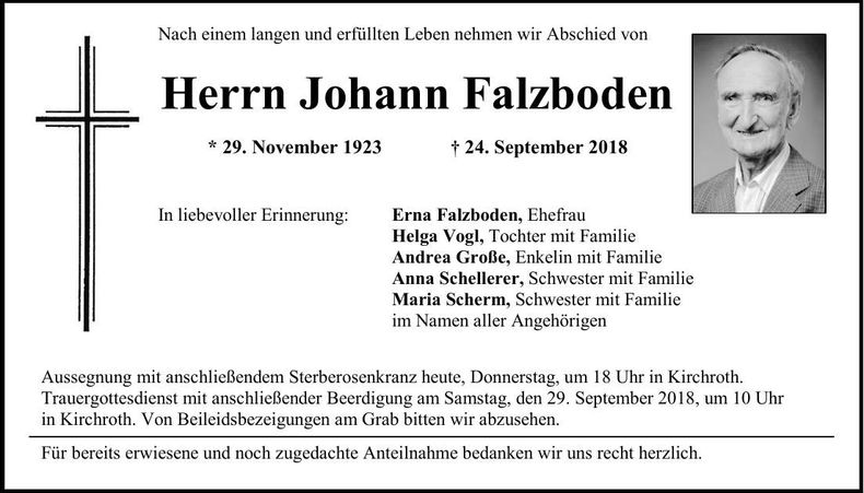 Traueranzeige Johann Falzboden