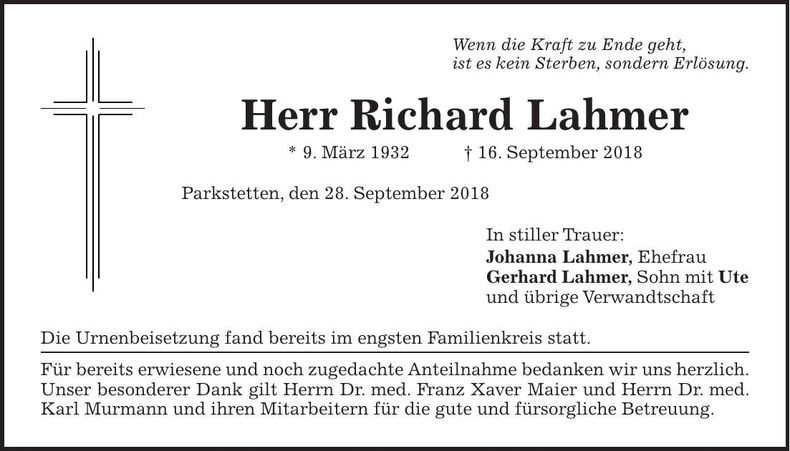 Traueranzeige Richard Lahmer
