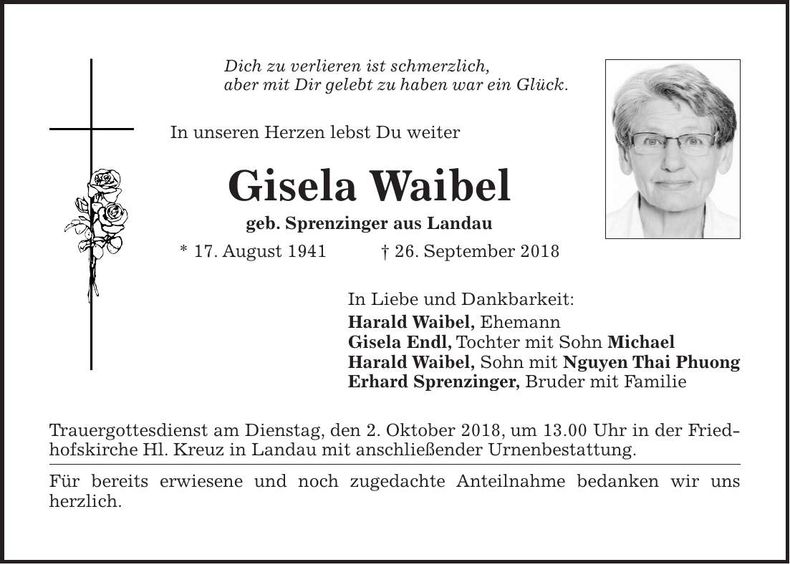 Traueranzeige Gisela Waibel