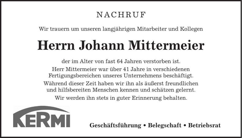 Traueranzeige Johann Mittermeier