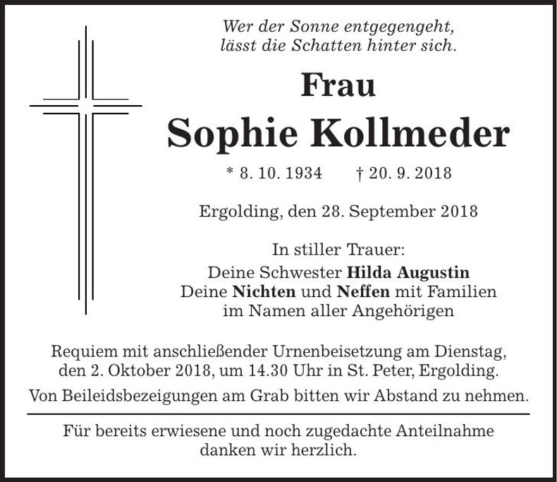 Traueranzeige Sophie Kollmeder