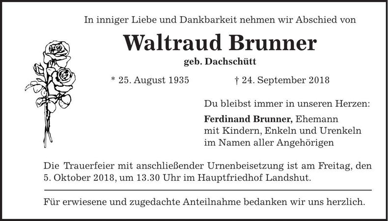 Traueranzeige Waltraud Brunner