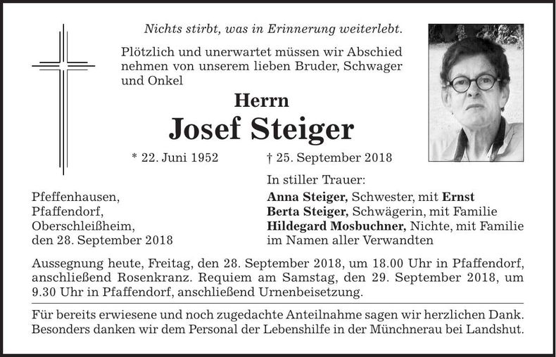 Traueranzeige Josef Steiger