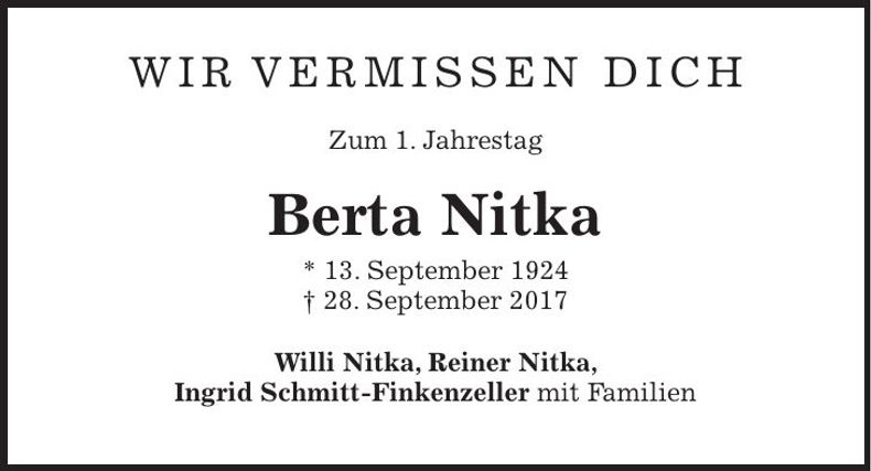 Traueranzeige Berta Nitka