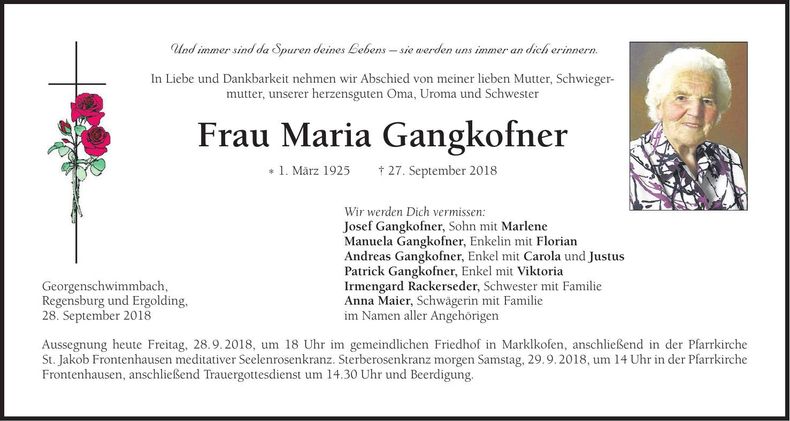 Traueranzeige Maria Gangkofner