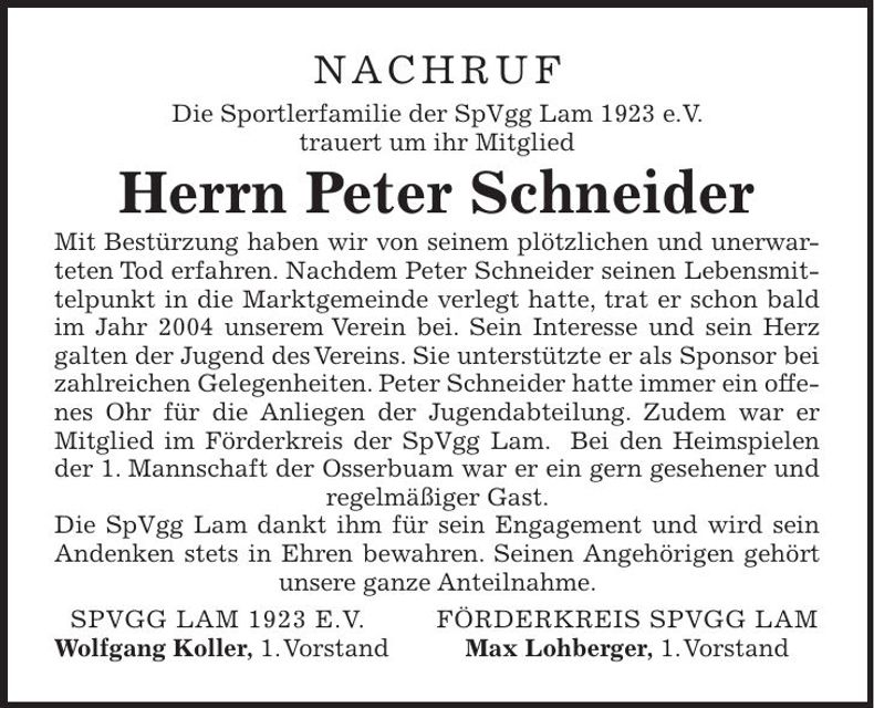 Traueranzeige Peter Schneider