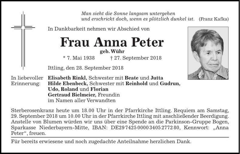 Traueranzeige Anna Peter