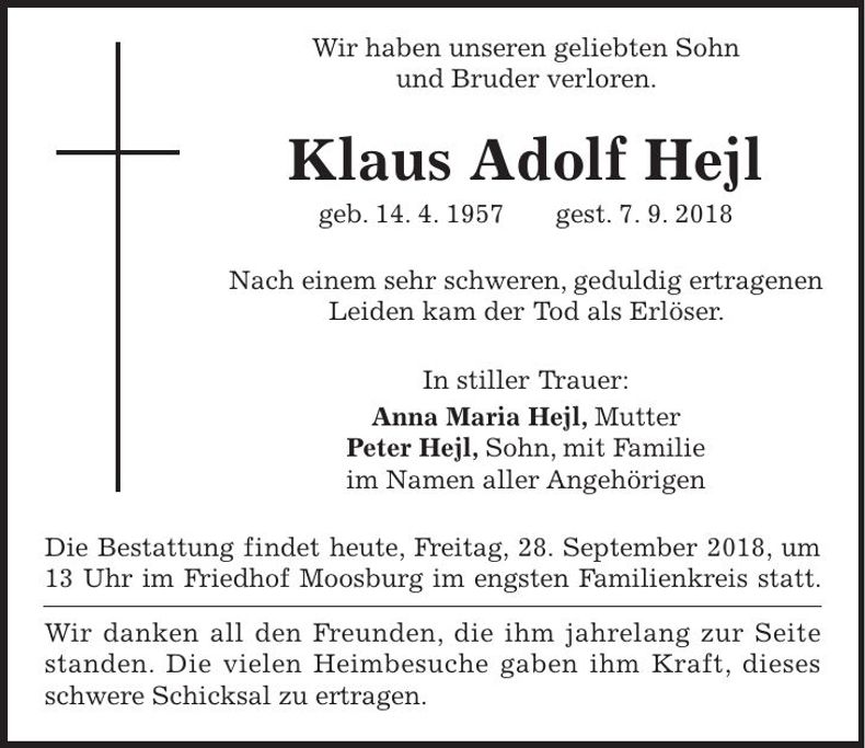 Traueranzeige Klaus Adolf Hejl