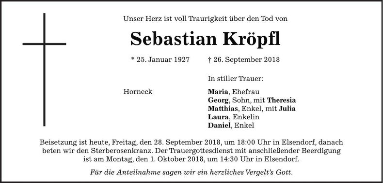 Traueranzeige Sebastian Kröpfl