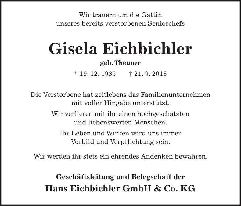 Traueranzeige Gisela Eichbichler