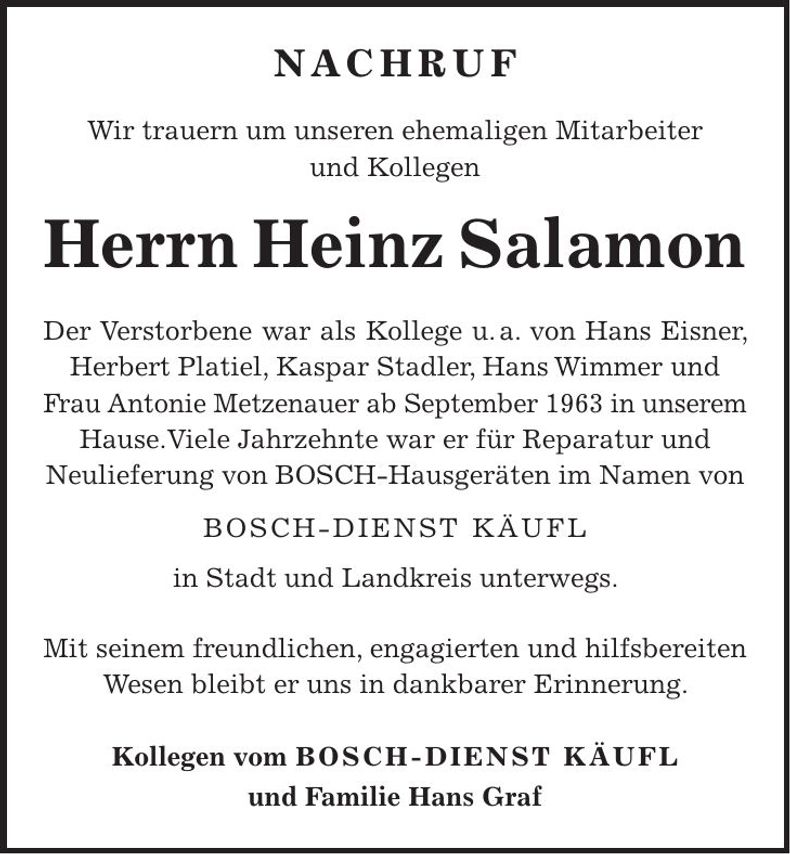 Traueranzeige Heinz Salamon Salamon