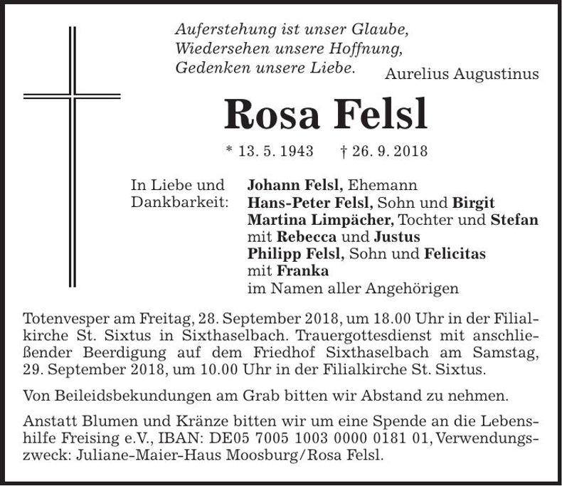 Traueranzeige Rosa Felsl
