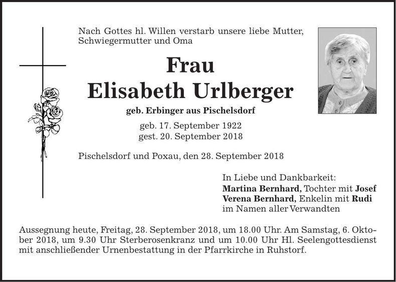 Traueranzeige Elisabeth Urlberger