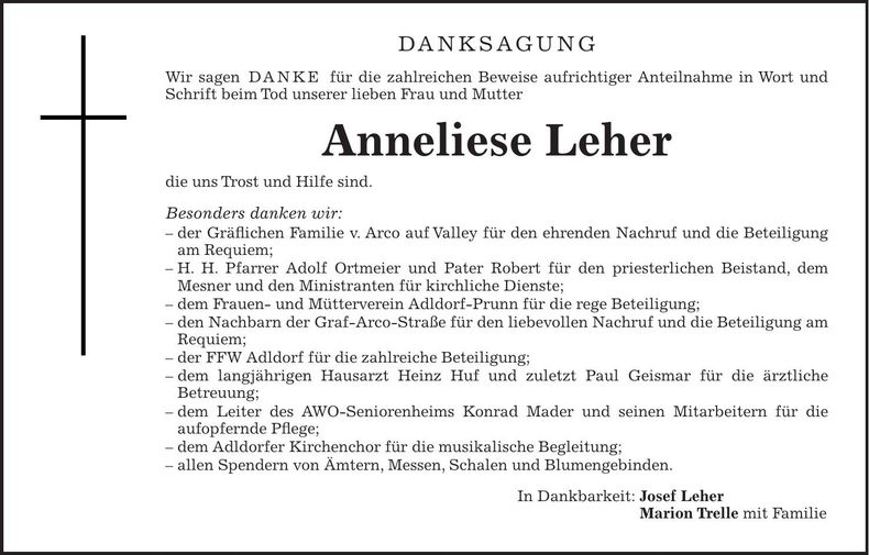 Traueranzeige Anneliese Leher
