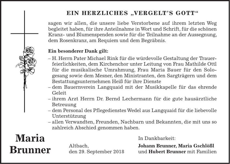 Traueranzeige Maria Brunner