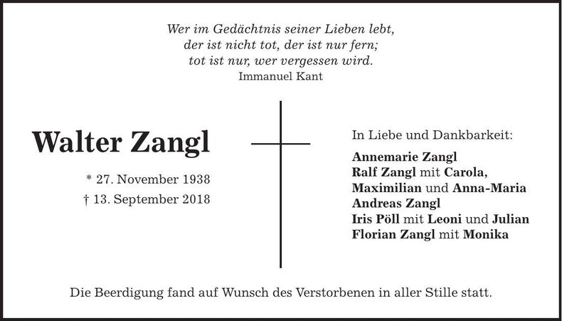 Traueranzeige Walter Zangl
