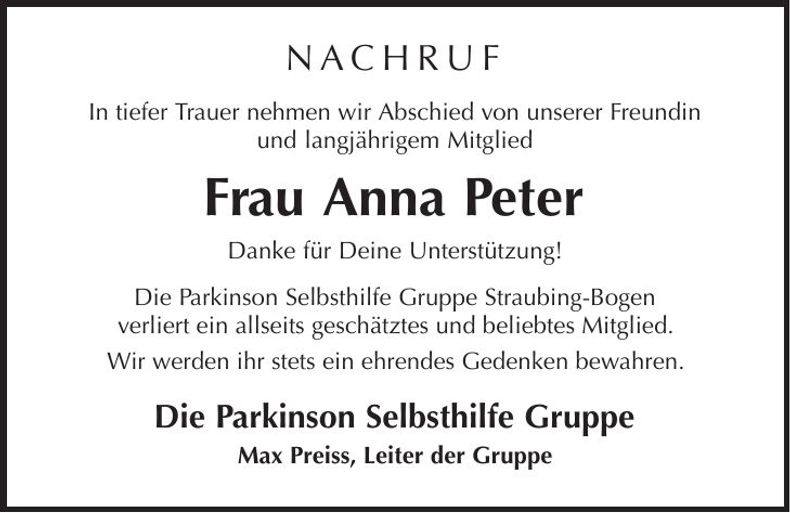 Traueranzeige Anna Peter