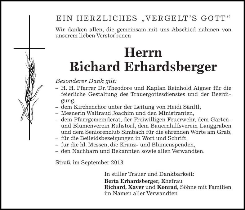 Traueranzeige Richard Erhardsberger