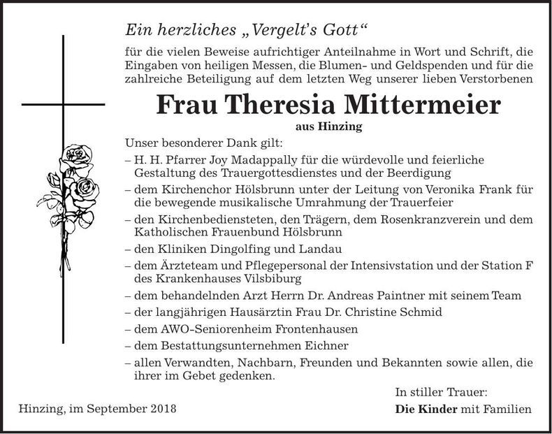 Traueranzeige Theresia Mittermeier