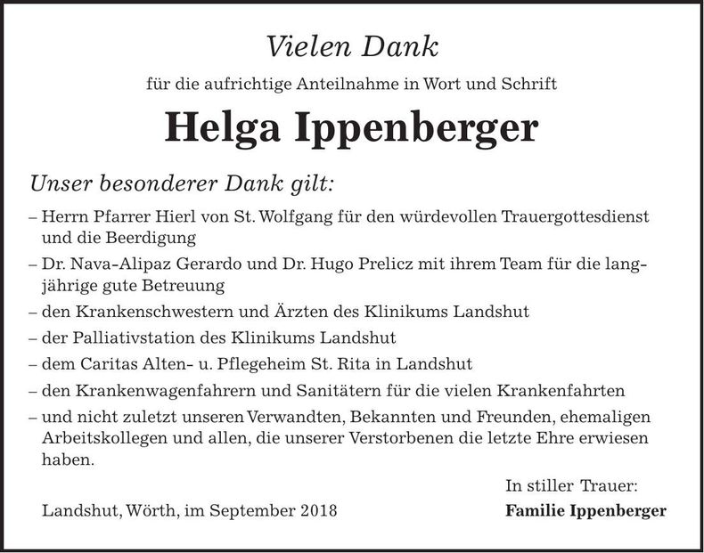 Traueranzeige Helga Ippenberger