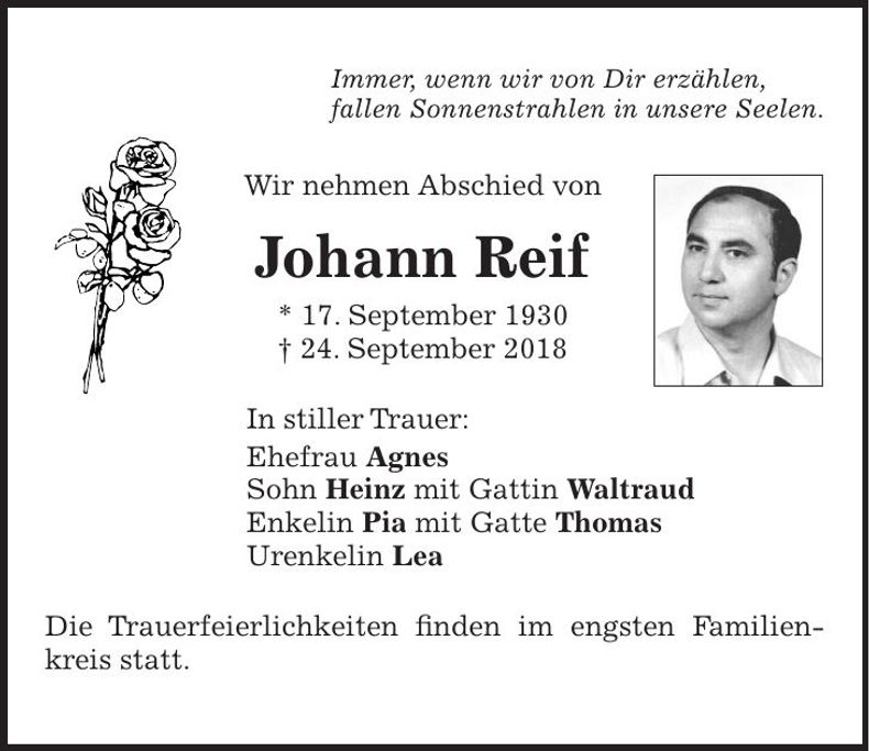 Traueranzeige Johann Reit