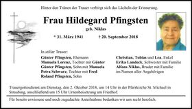 Traueranzeige Hildegard Pfingsten