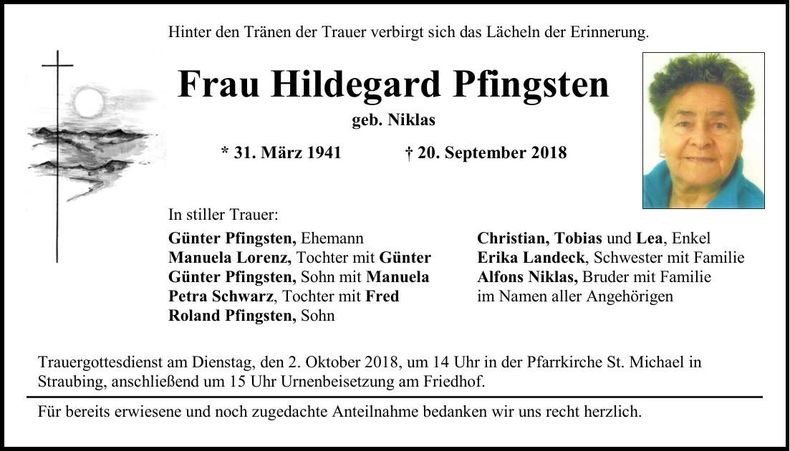 Traueranzeige Hildegard Pfingsten