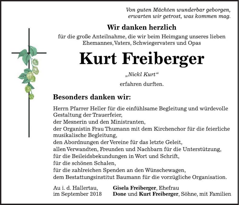Traueranzeige Kurt Freiberger