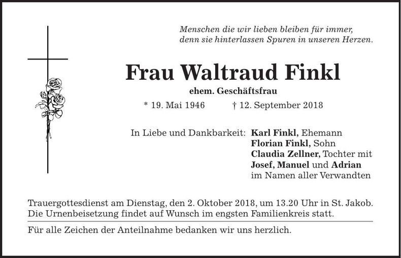 Traueranzeige Waltraud Finkl