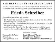 Traueranzeige Frieda Schreiber