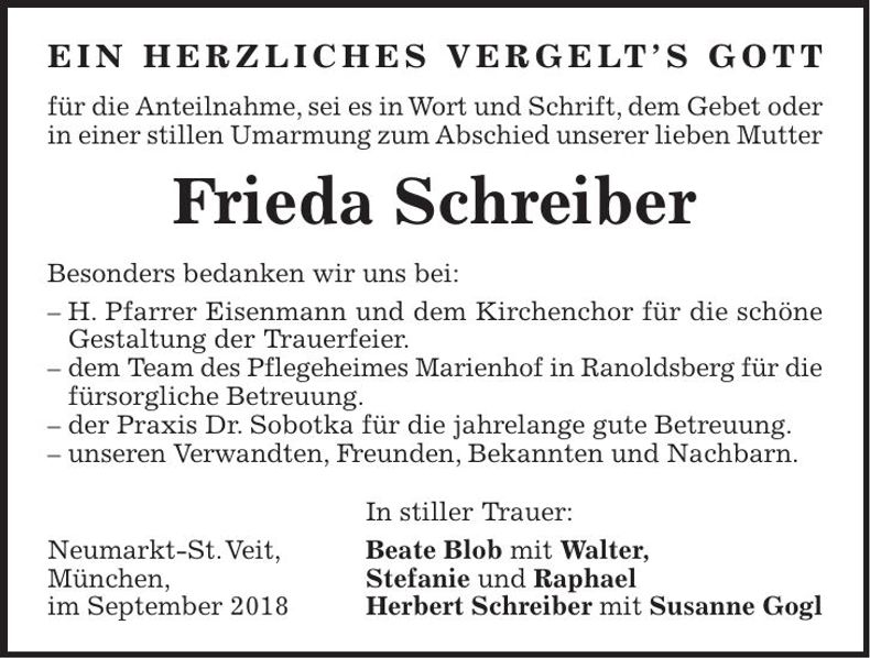 Traueranzeige Frieda Schreiber