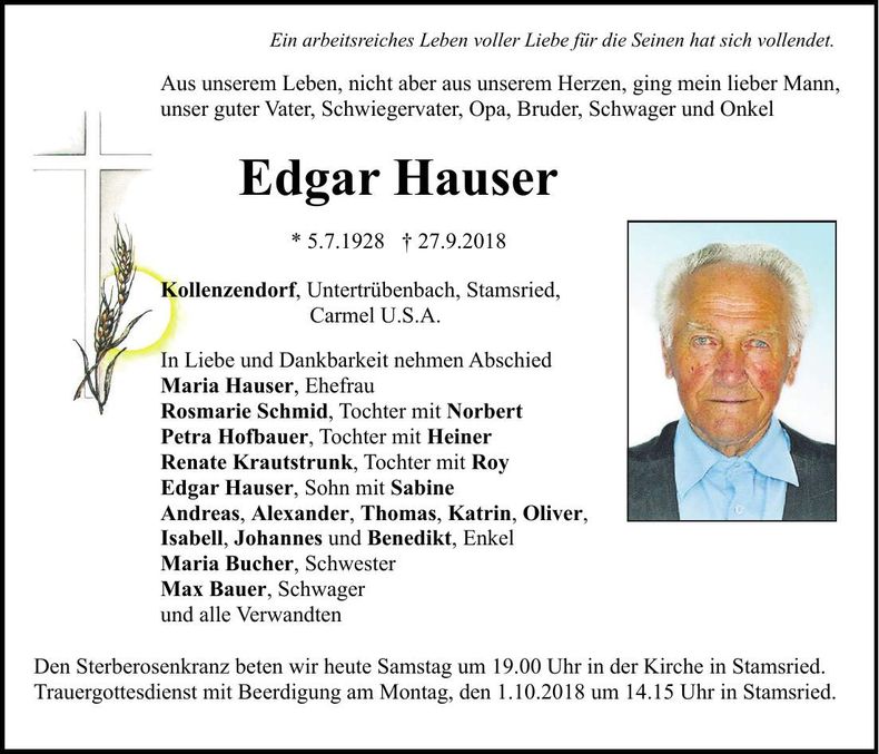 Traueranzeige Edgar Hauser