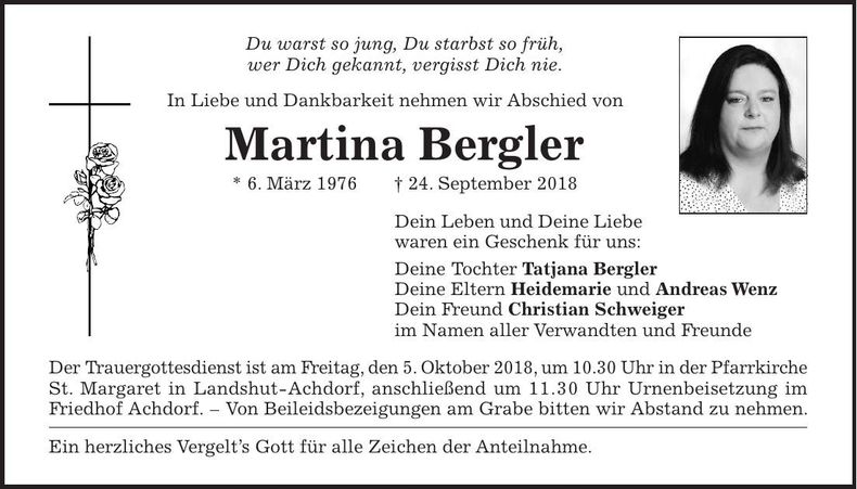Traueranzeige Martina Bergler