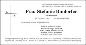 Traueranzeige Stefanie Bindorfer