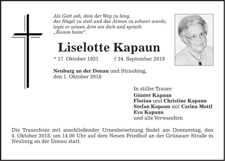 Traueranzeige Liselotte Kapaun