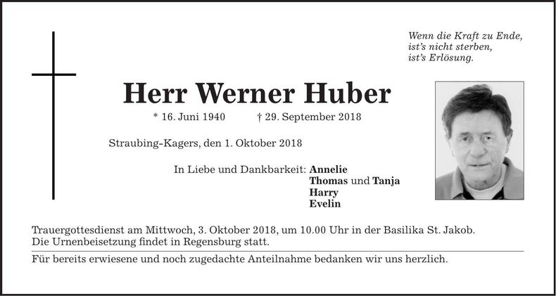 Traueranzeige Werner Huber