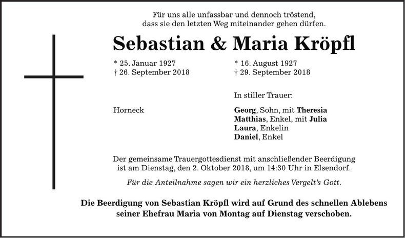 Traueranzeige Sebastian & Maria Kröpfl