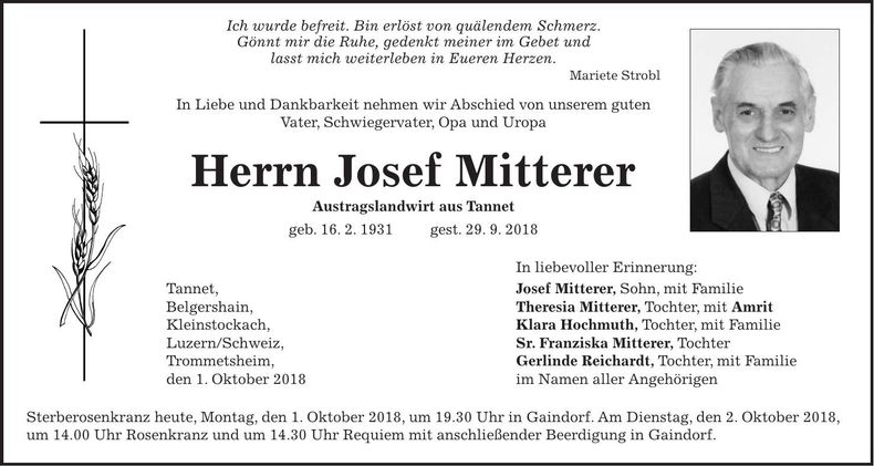 Traueranzeige Josef Mitterer