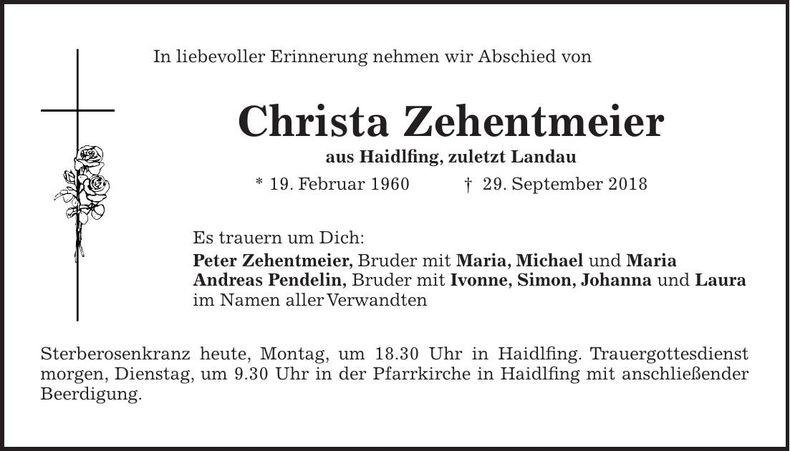 Traueranzeige Christa Zehentmeier